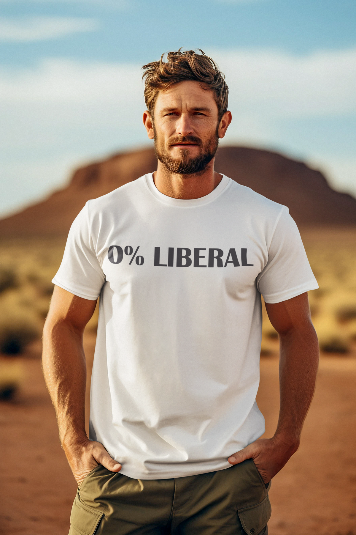 Man wearing a white t-shirt with '0% LIBERAL' text, showcasing the Zero Percent Liberal Custom Print.
