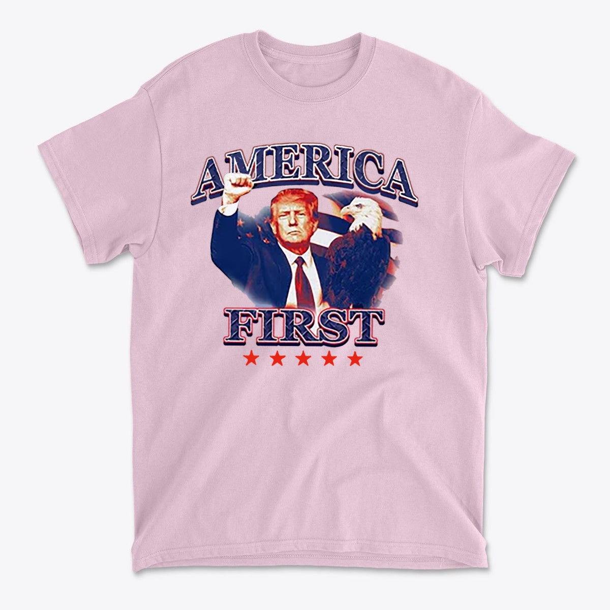 America First Graphic Design Tee featuring patriotic design with eagle and stars.