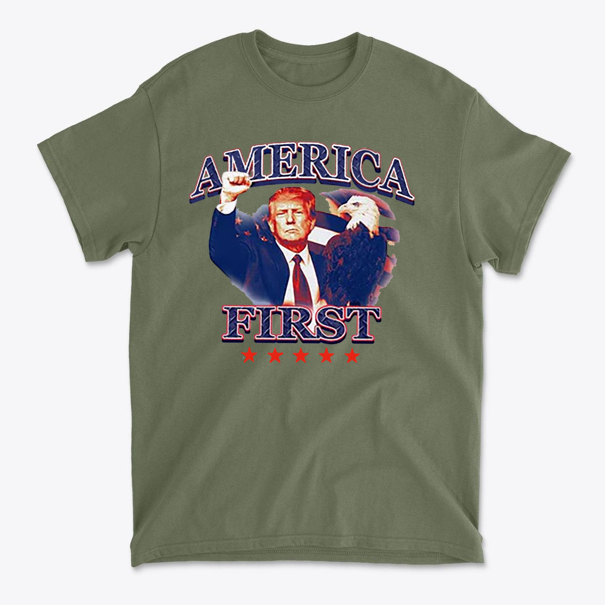 America First Graphic Design Tee featuring graphic of Trump with eagle and stars on an olive green shirt.