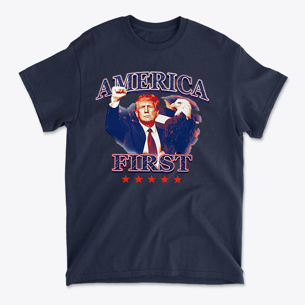 America First Graphic Design Tee featuring patriotic design with eagle and American flag colors.