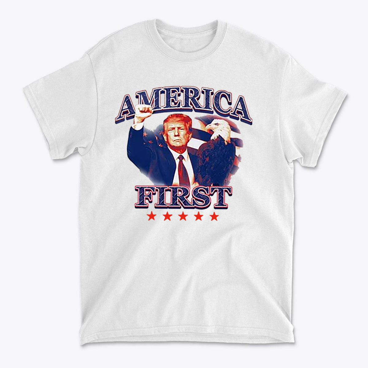 America First Graphic Design Tee featuring a patriotic design with bold lettering and an eagle.