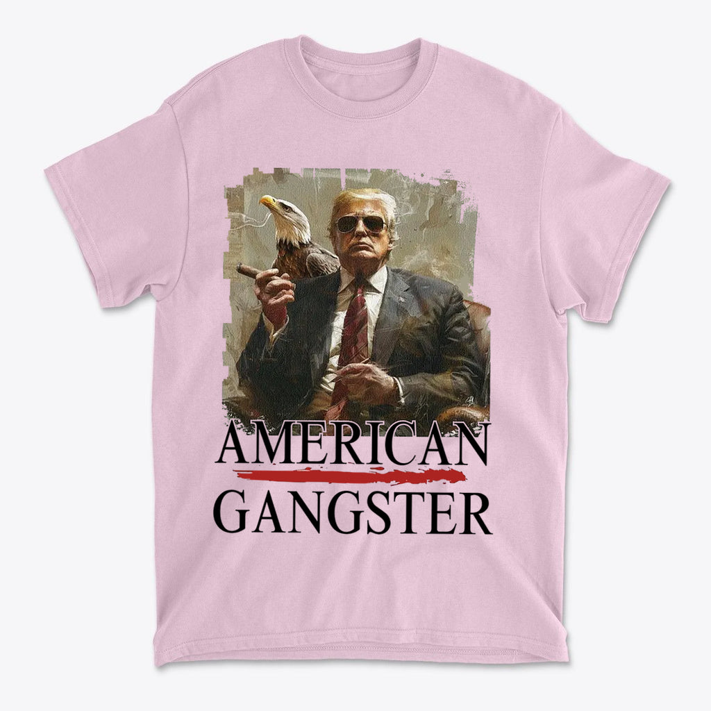 American Gangster Graphic Design t-shirt featuring a cool design with an eagle and a confident figure.
