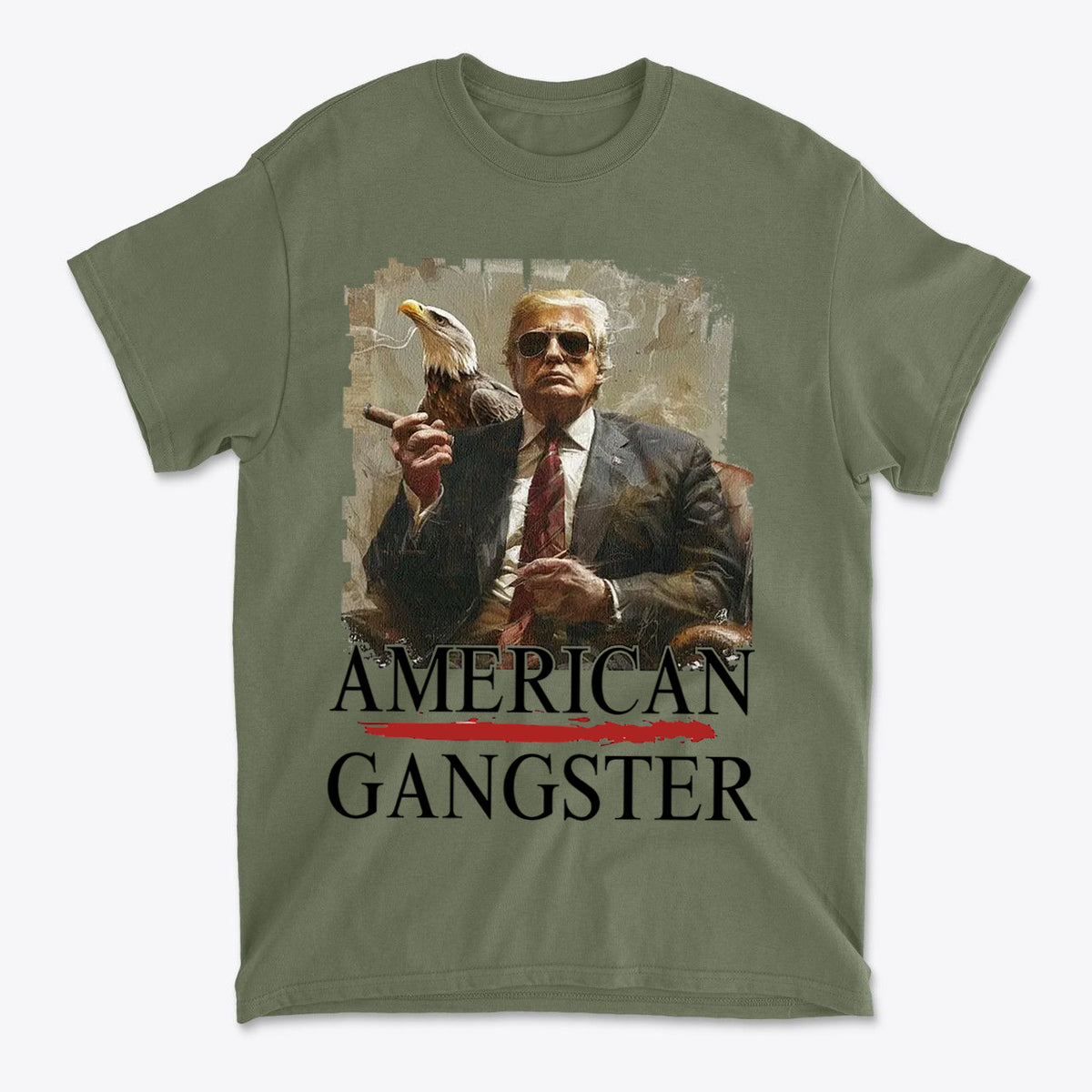 American Gangster Graphic Design t-shirt featuring a man with an eagle, showcasing patriotism and conviction.