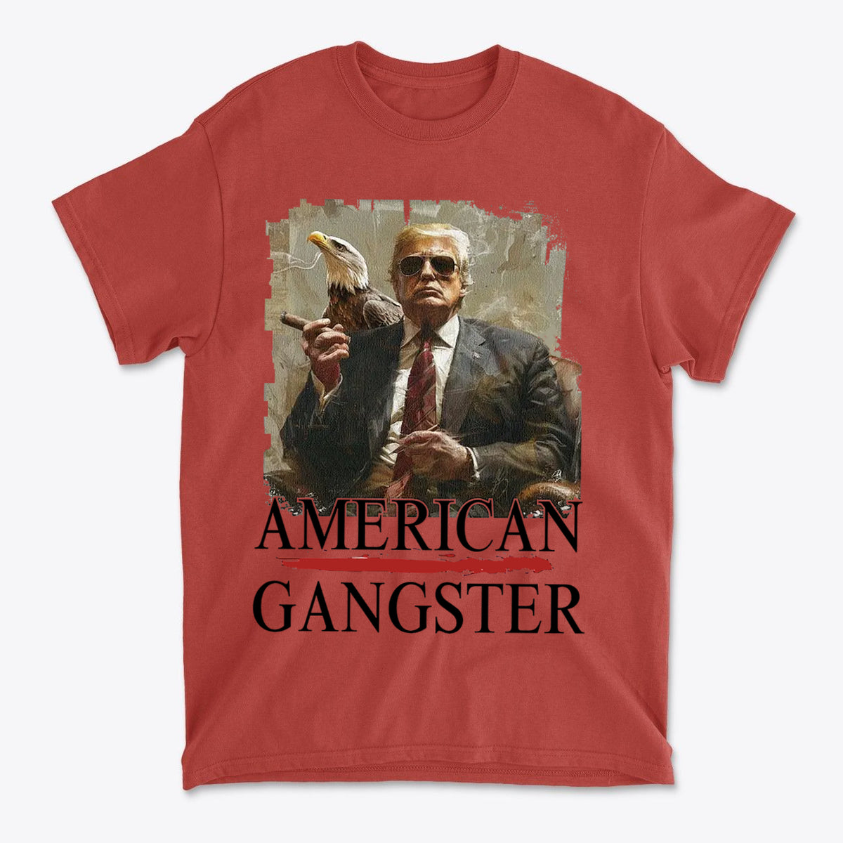 American Gangster Graphic Design apparel featuring a man with an eagle, embodying patriotism and conviction.