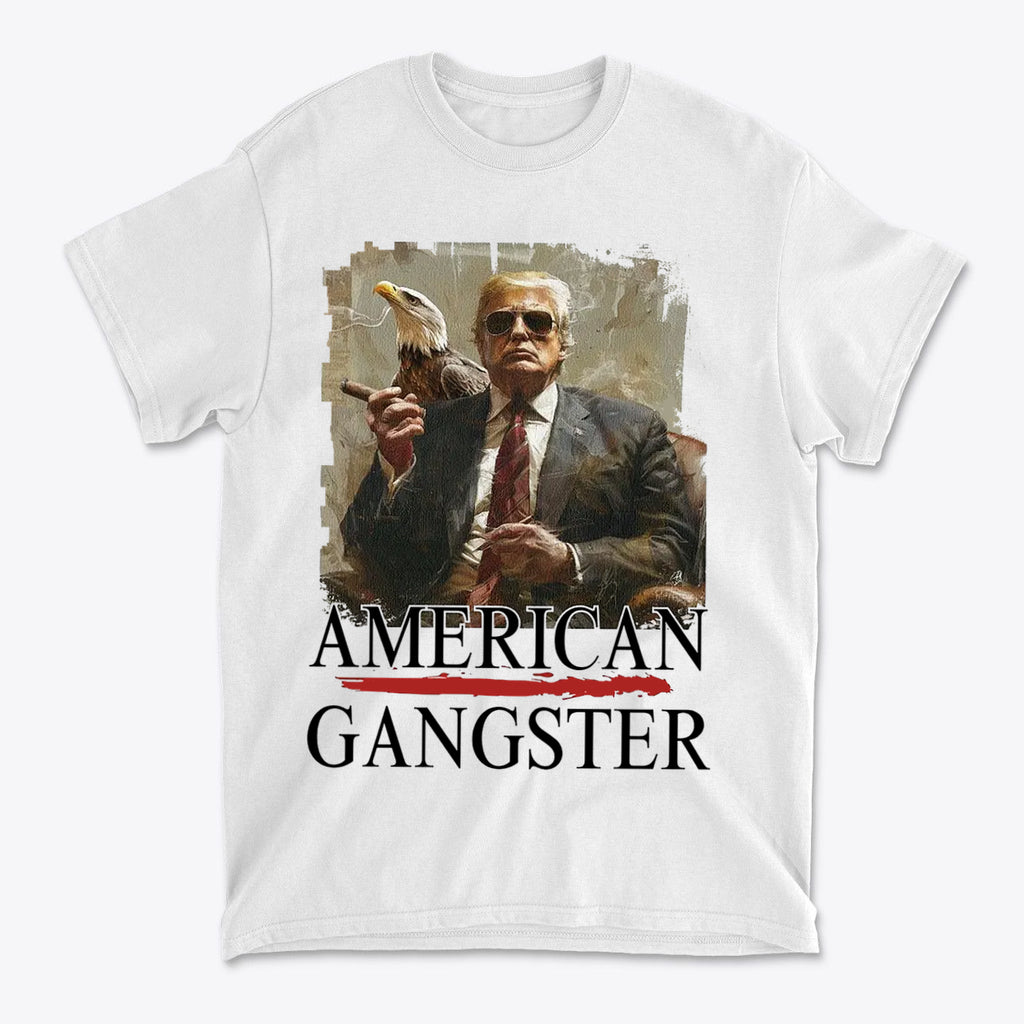 American Gangster Graphic Design apparel featuring a bold graphic of a suited man holding an eagle.