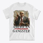 American Gangster Graphic Design apparel featuring a bold graphic of a suited man holding an eagle.