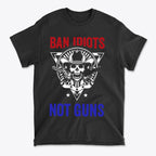 Ban Idiots Not Guns Custom Print t-shirt featuring a skull and guns design in bold colors.