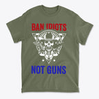 Ban Idiots Not Guns Custom Print t-shirt featuring a skull graphic and bold text in red and blue on an olive green background.