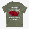 Graphic tee featuring the phrase 'Trump Better Coverage Than Verizon' with a red map of the USA.