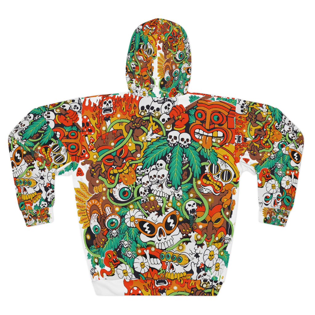 Colorful Day of the Dead Skull Hoodie featuring vibrant, hand-drawn designs with sugar skulls and playful monsters.