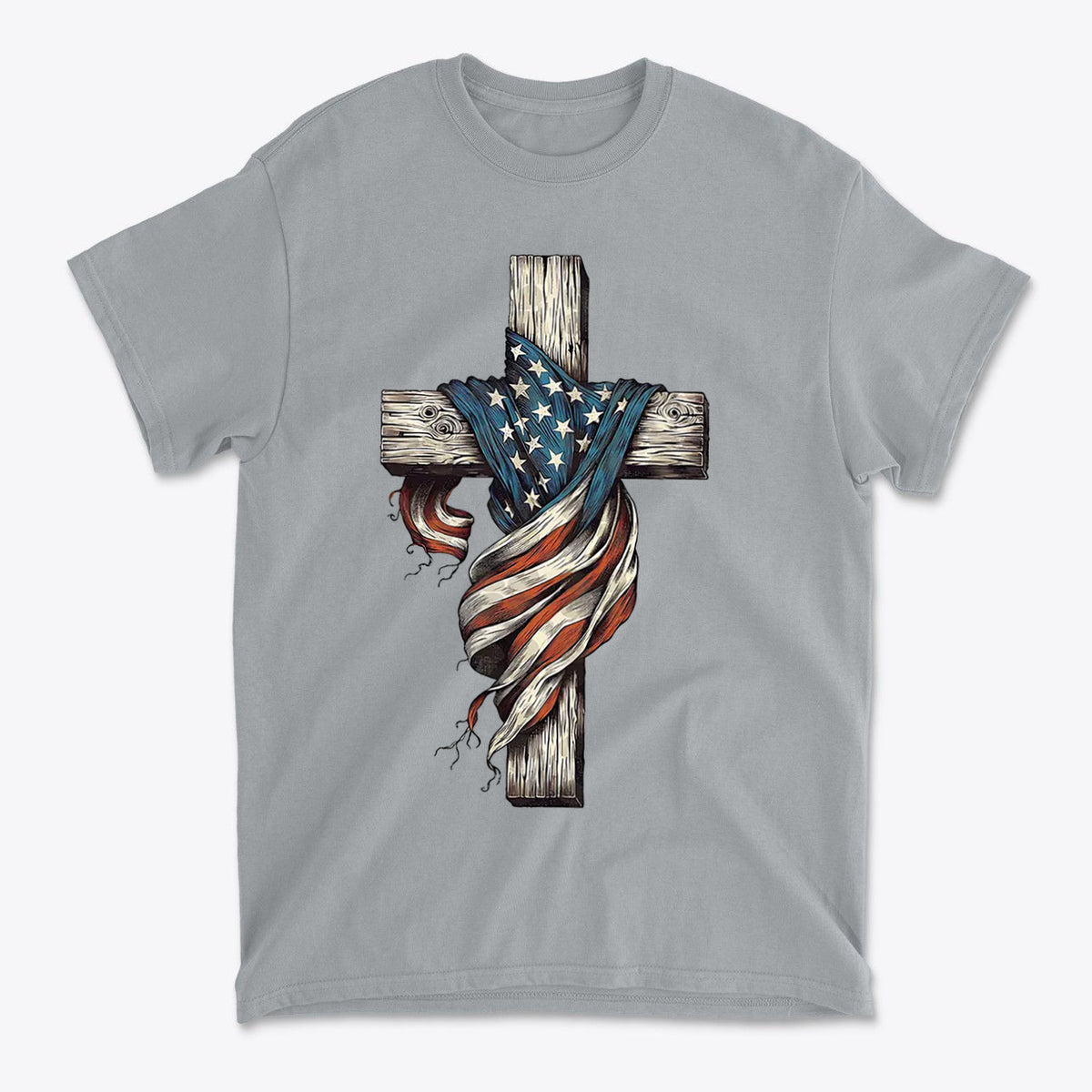 American Flag On The Cross Style t-shirt featuring a cross wrapped in the American flag design.
