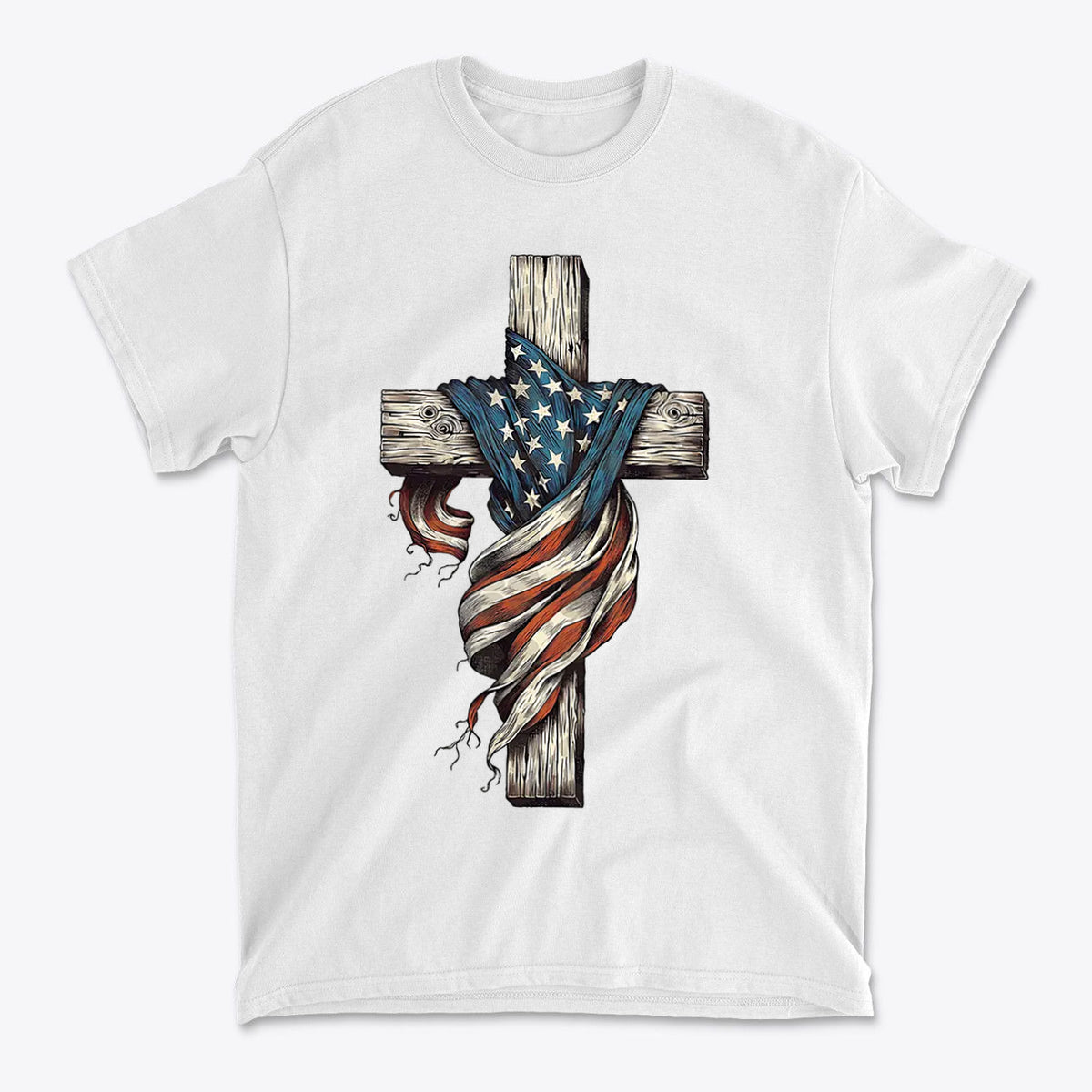 American Flag On The Cross Style shirt design with cross and draped flag, symbolizing faith and patriotism.