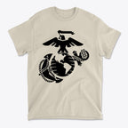 USMC Eagle Globe Graphic Design on a premium beige t-shirt featuring an eagle, globe, and anchor emblem.