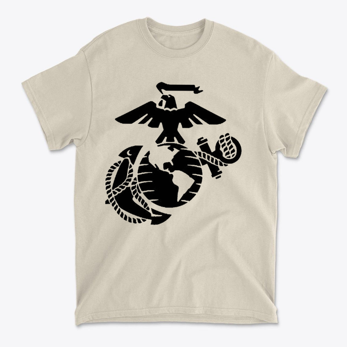 USMC Eagle Globe Graphic Design on a premium beige t-shirt featuring an eagle, globe, and anchor emblem.