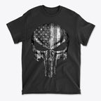 Punisher American Flag BW Graphic black t-shirt featuring a skull design with an American flag pattern.