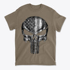 Punisher American Flag BW Graphic featuring a skull design with American flag colors on a t-shirt.