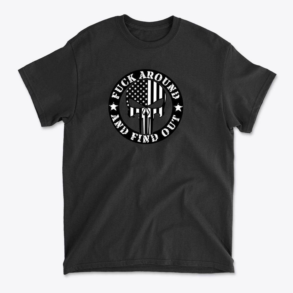Fuck Around Find Out Graphic Tee featuring a bold design with an American flag and a patriotic motto.