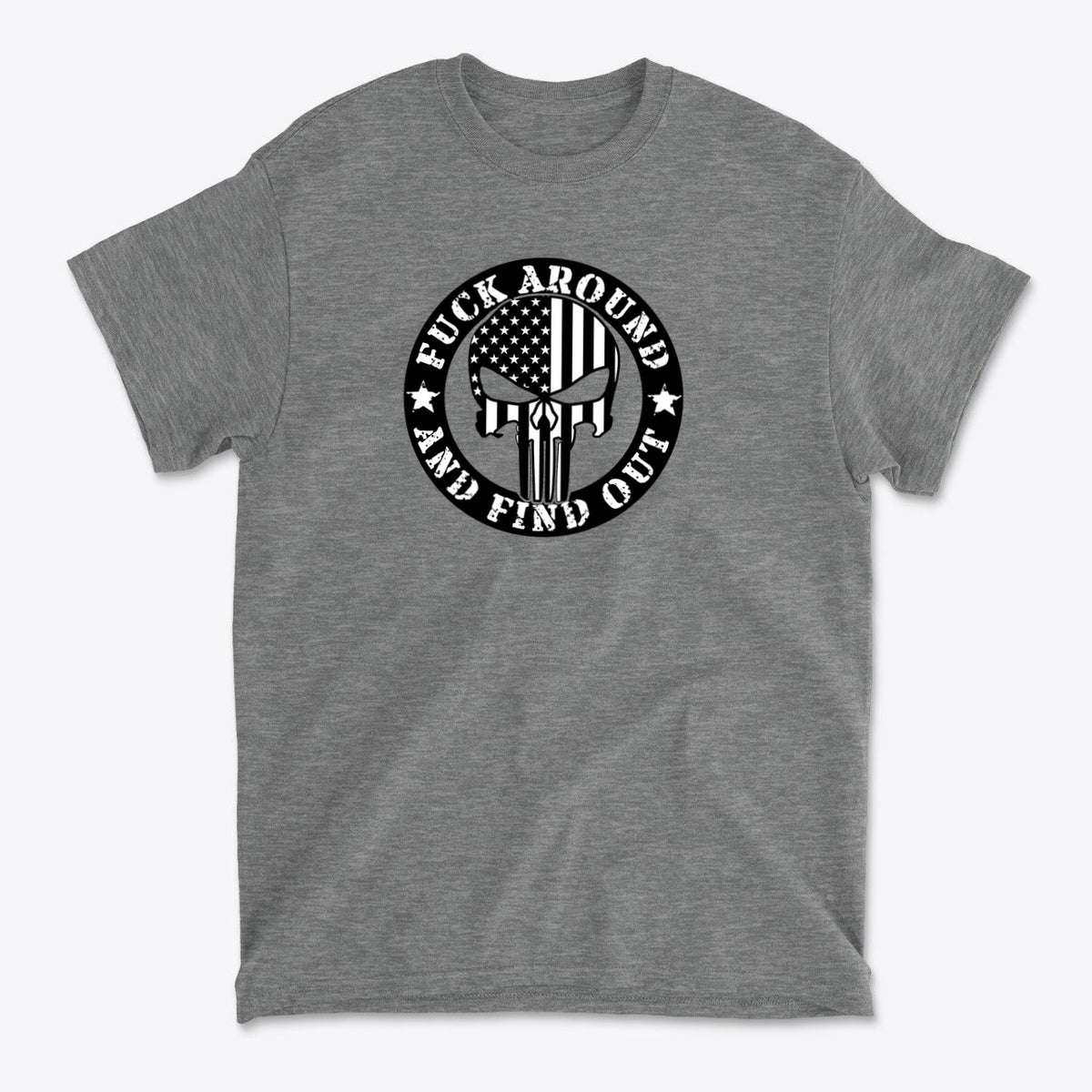 Fuck Around Find Out Graphic Tee featuring a bold graphic design on a gray t-shirt.