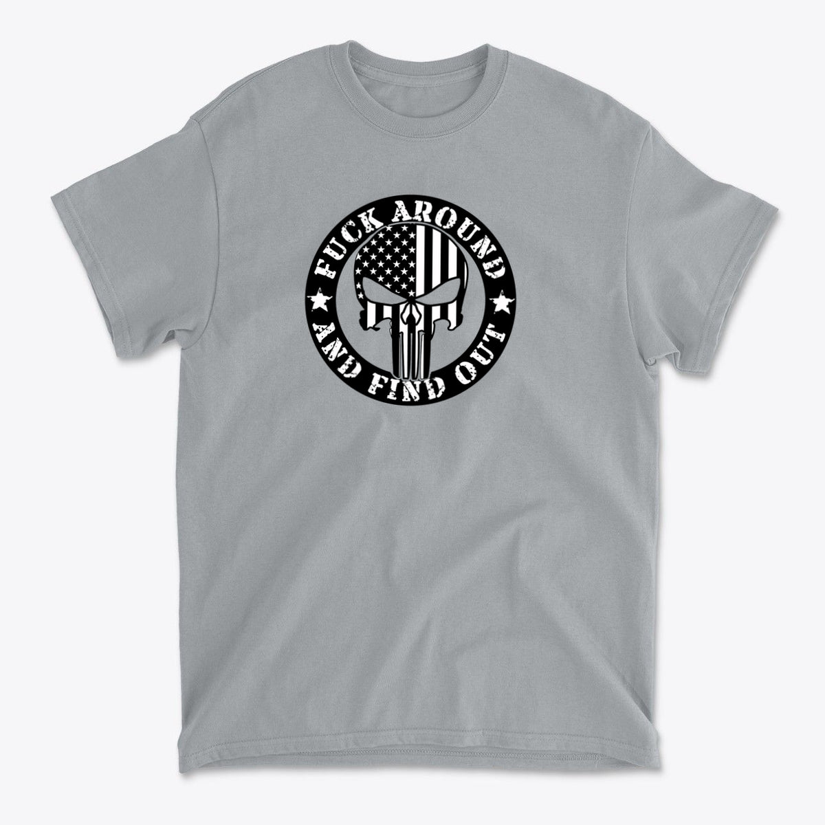 Fuck Around Find Out Graphic Tee featuring a bold design with a graphic emblem and American flag.