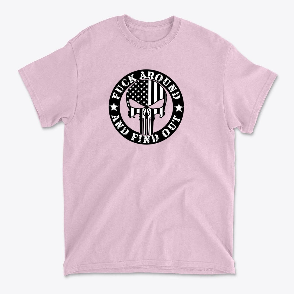 Fuck Around Find Out Graphic Tee featuring a bold graphic design on a pink shirt.