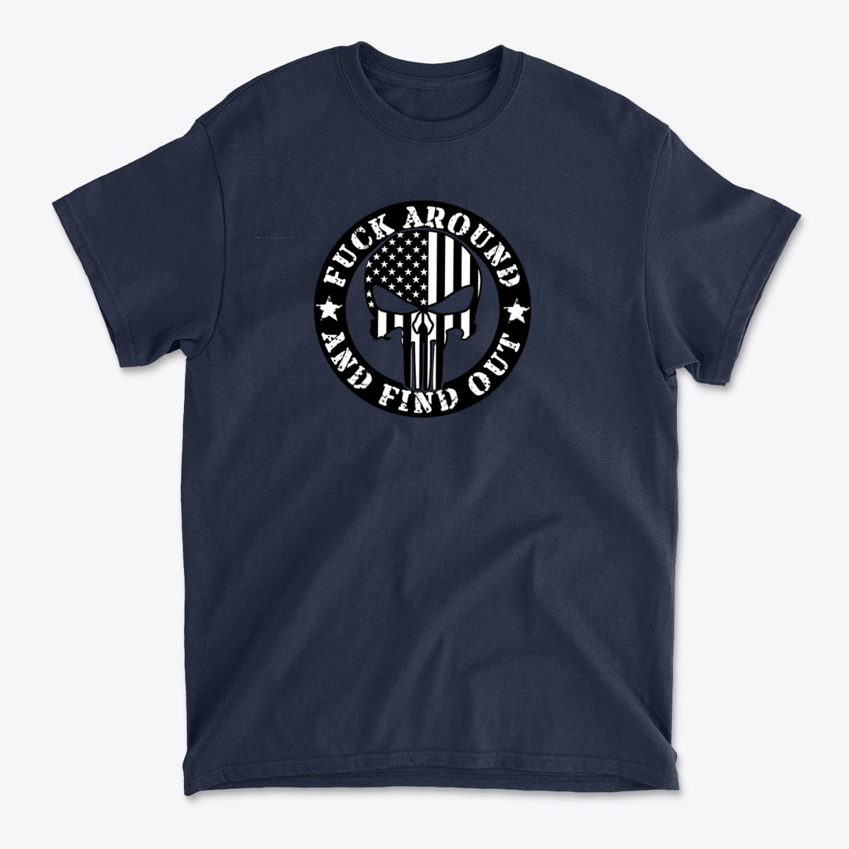 Fuck Around Find Out Graphic Tee featuring a bold design with an American flag and skull motif.