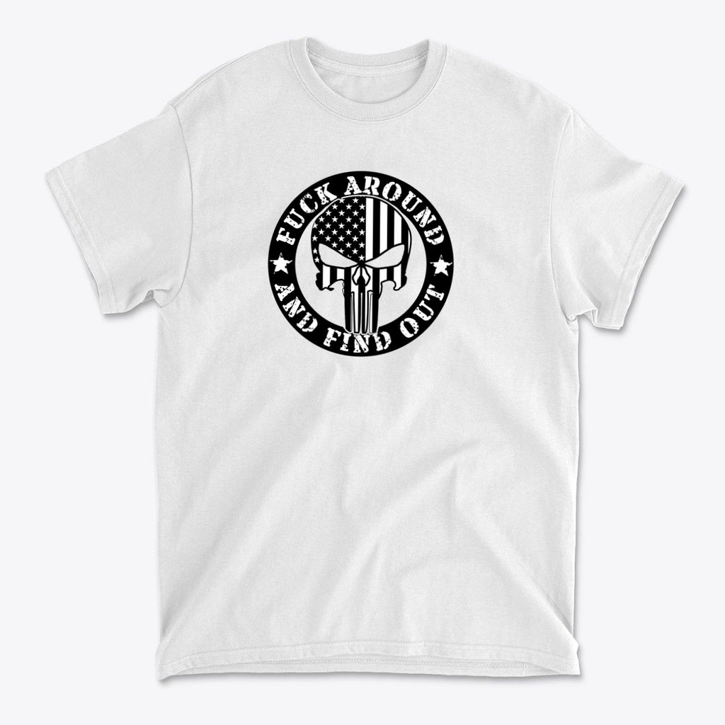 Fuck Around Find Out Graphic Tee featuring a bold design with an American flag and skull emblem.