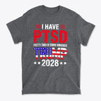 I Have PTSD Pretty Tired Of Stupid Democrats Trump 2028 graphic on a gray t-shirt, showcasing a bold political message.