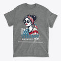 I'm A Trump Girl Deal With It Wht Ltrs graphic tee featuring a stylish woman with sunglasses and an American flag design.