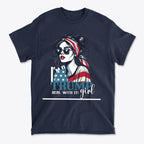 I'm A Trump Girl Deal With It Wht Ltrs graphic t-shirt featuring a stylish woman in patriotic colors.