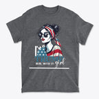 I'm A Trump Girl Deal With It Wht Ltrs graphic tee featuring a stylish woman with American flag accents.