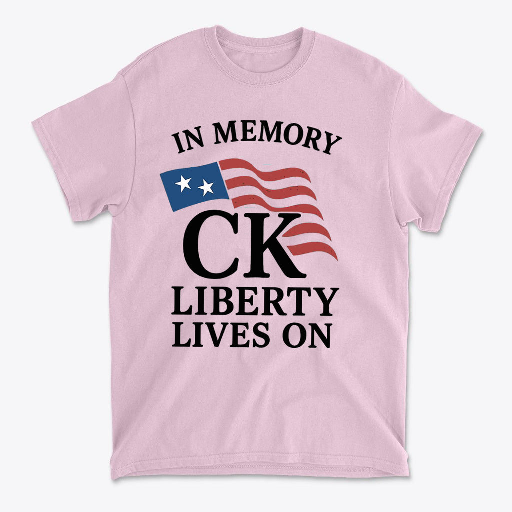 In Memory Of CK Charlie Kirk Liberty Lives On t-shirt featuring patriotic colors and tribute design.
