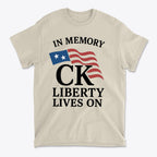 In Memory Of CK Charlie Kirk Liberty Lives On t-shirt featuring American flag design.