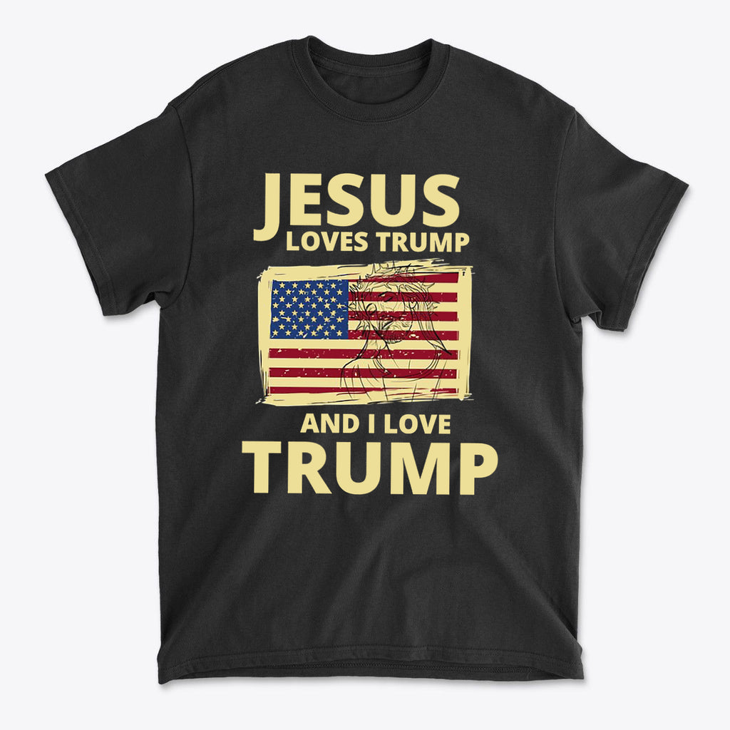 Jesus Loves Trump And I Love Trump graphic t-shirt featuring an American flag design.