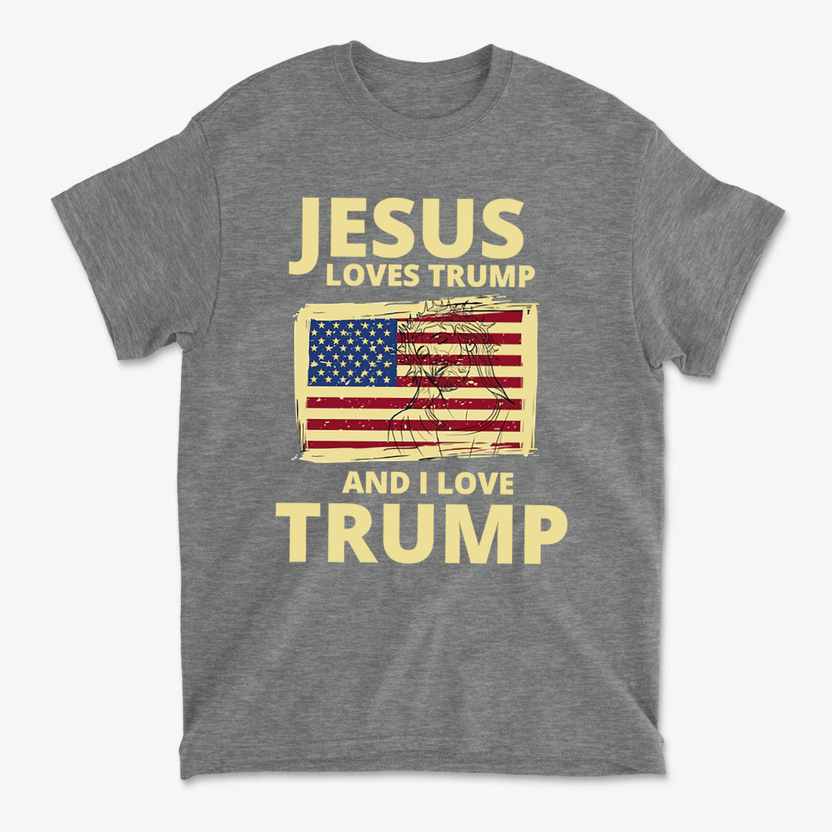 Jesus Loves Trump And I Love Trump graphic t-shirt with American flag design, perfect for political supporters.
