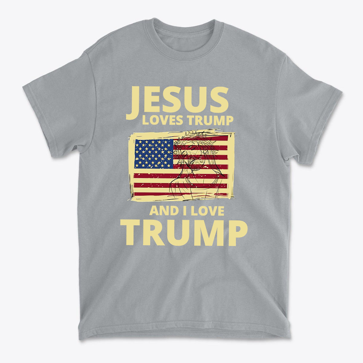 Jesus Loves Trump And I Love Trump graphic t-shirt featuring American flag design on a gray background.