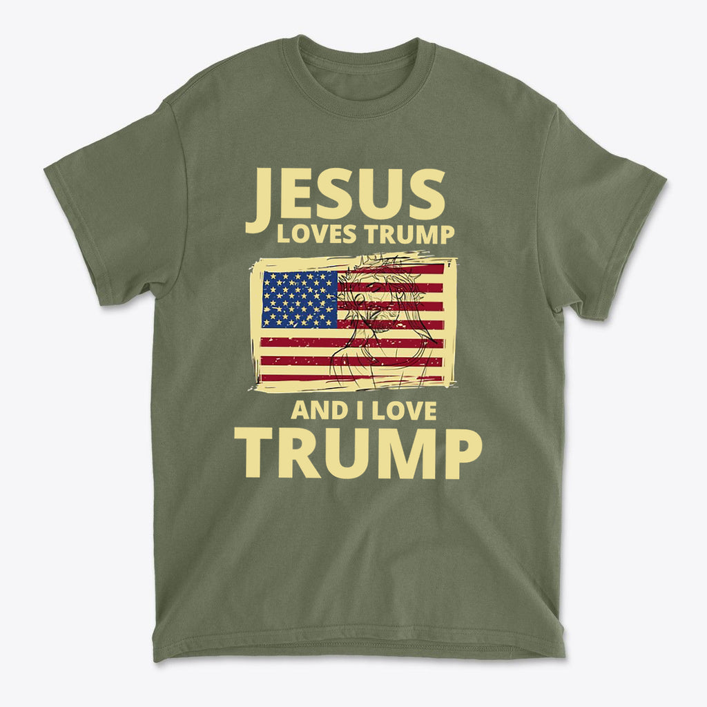 Jesus Loves Trump And I Love Trump t-shirt with American flag graphic on olive green background.