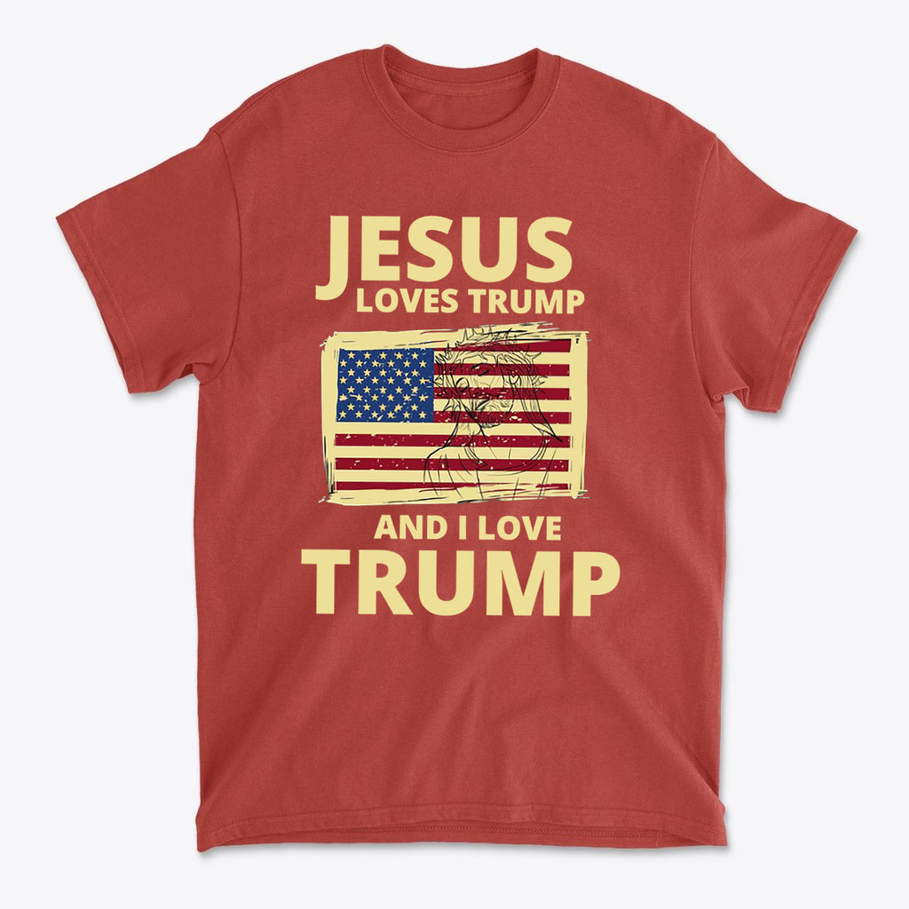 Jesus Loves Trump And I Love Trump graphic tee featuring a faded American flag design.