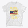Jesus Loves Trump And I Love Trump graphic t-shirt featuring an American flag design on a white background.