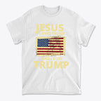 Jesus Loves Trump And I Love Trump graphic t-shirt featuring an American flag design on a white background.