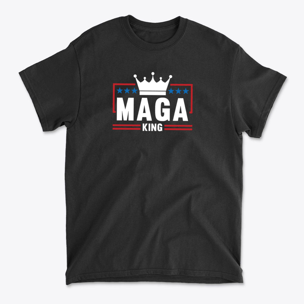 MAGA King American Pride Shirt in black featuring bold text and a crown design.