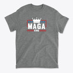 MAGA King American Pride Shirt featuring a crown design on a gray t-shirt for political supporters.