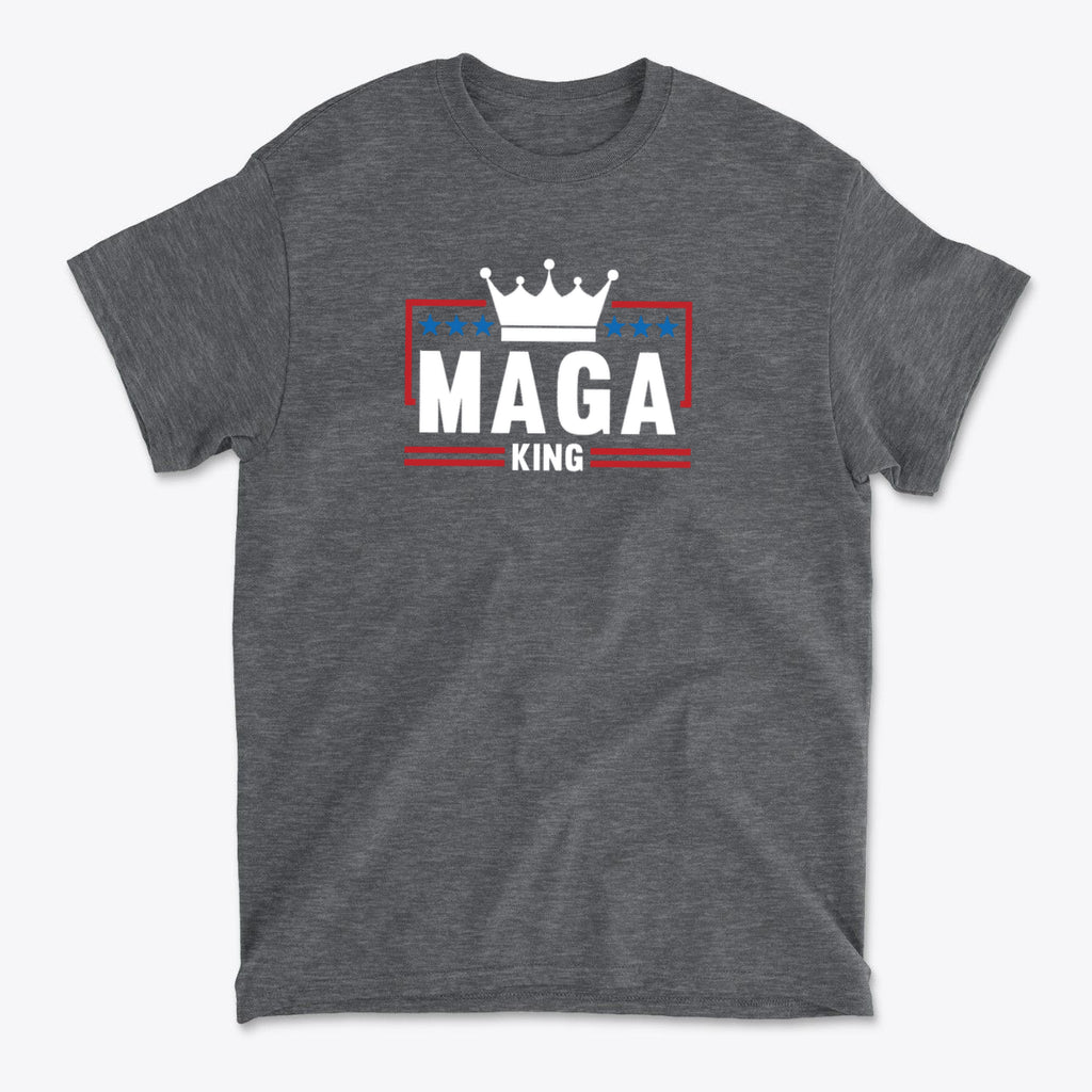 MAGA King American Pride Shirt featuring a crown and star design on a gray t-shirt.