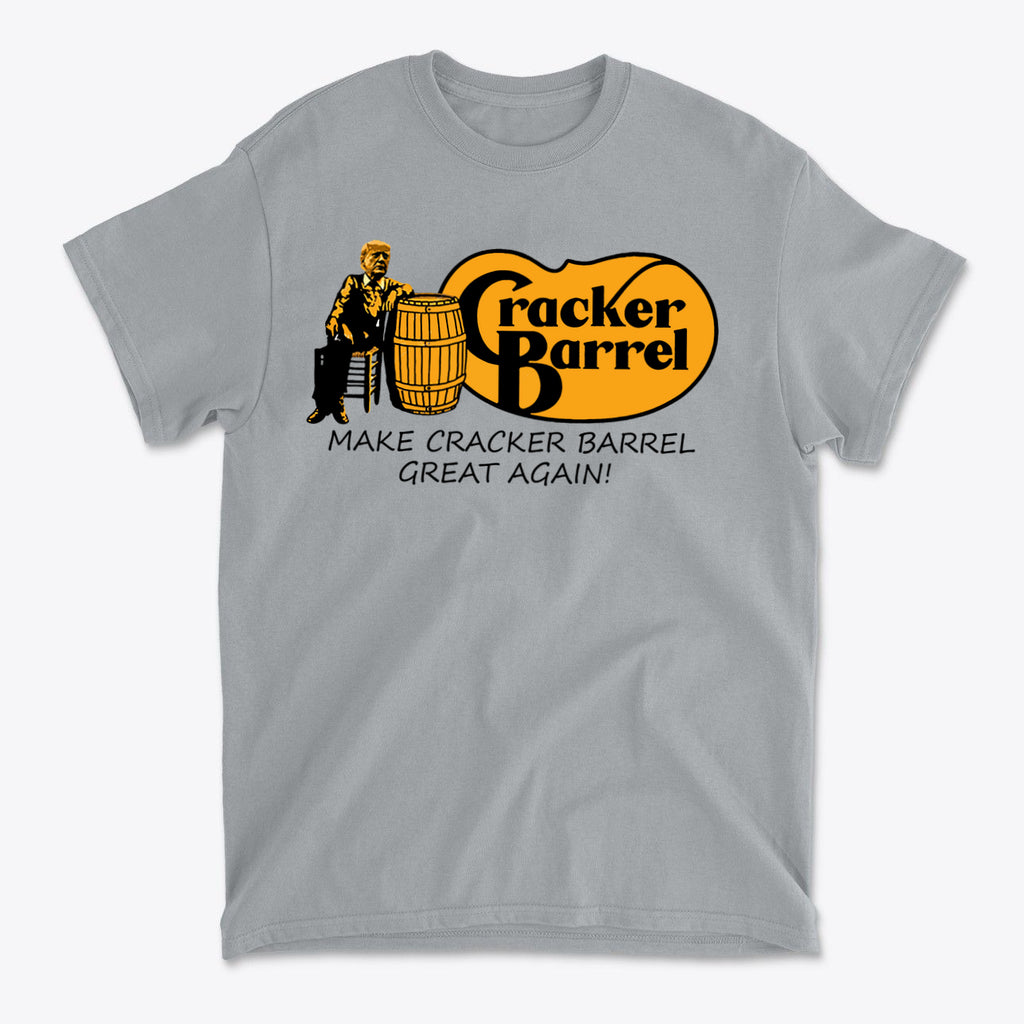 Gray t-shirt featuring Cracker Barrel logo and slogan 'MAKE CRACKER BARREL GREAT AGAIN!' for fans of Southern charm.