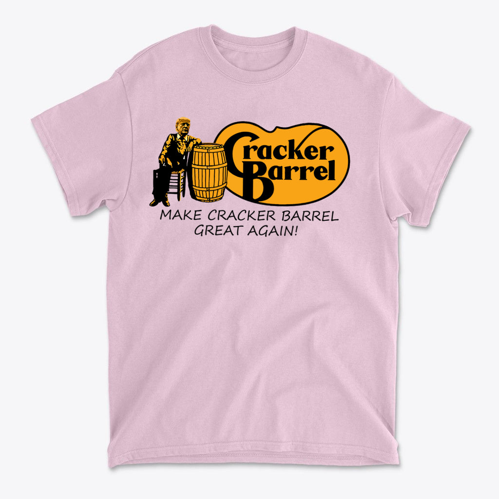 Pink t-shirt featuring "Make Cracker Barrel Great Again!" slogan and Cracker Barrel logo.