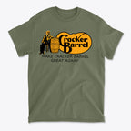 Olive green t-shirt featuring the slogan Make Cracker Barrel Great Again with iconic Cracker Barrel logo.