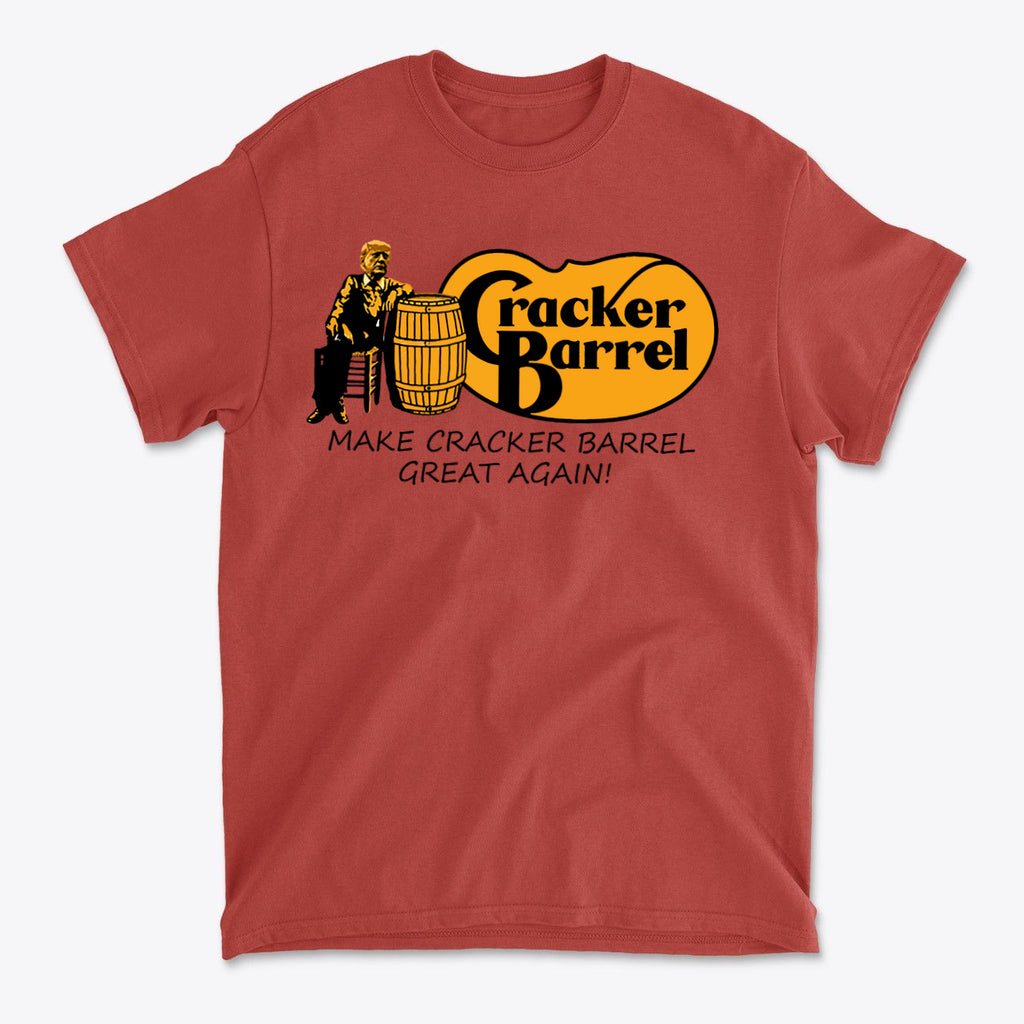 Red t-shirt featuring Cracker Barrel logo and text "MAKE CRACKER BARREL GREAT AGAIN!".