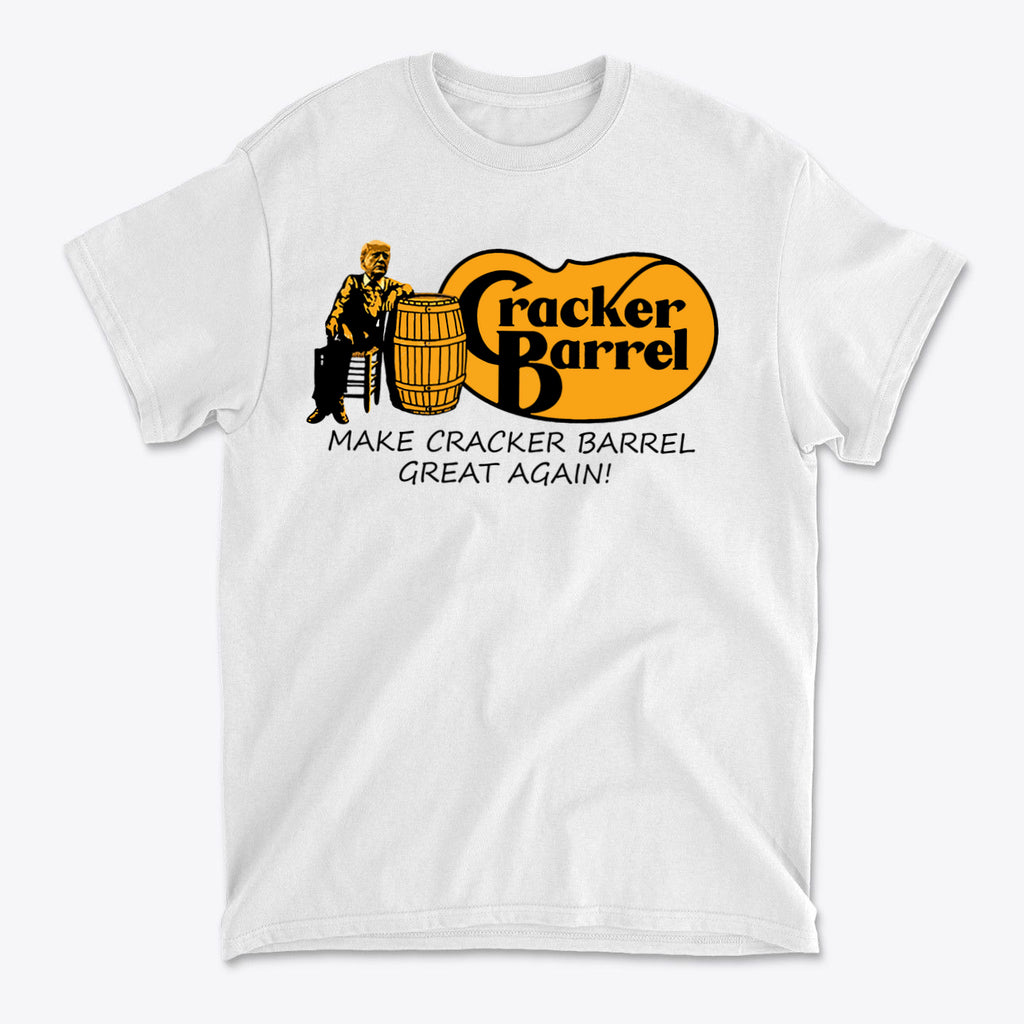 White t-shirt featuring Cracker Barrel logo and text "MAKE CRACKER BARREL GREAT AGAIN!"