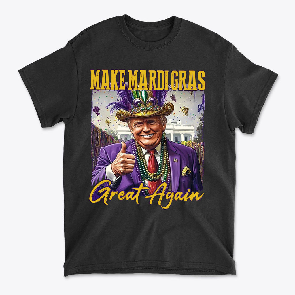 Make Mardi Gras Great Again Party Shirt featuring a joyful character in festive attire with a thumbs up.