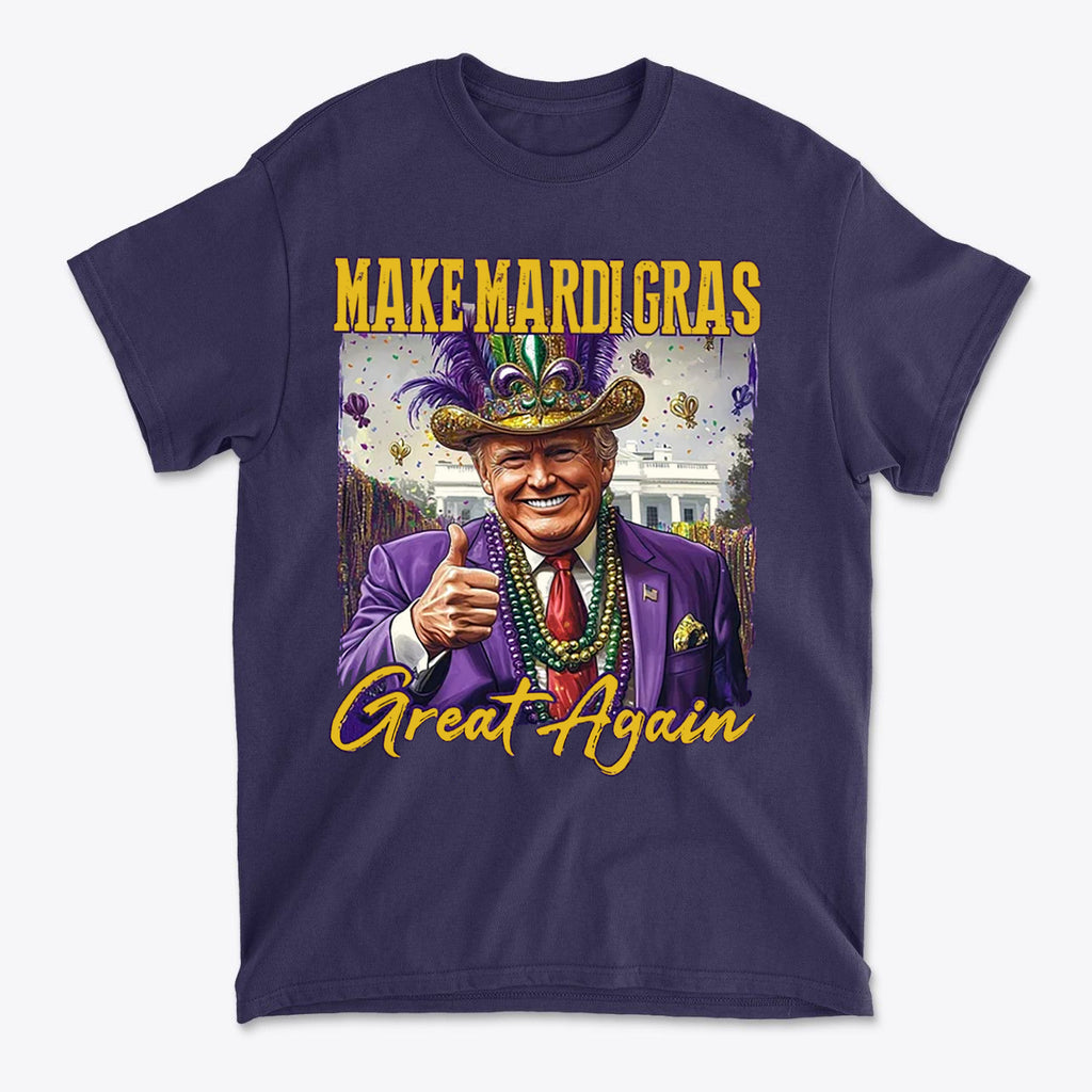 Make Mardi Gras Great Again Party Shirt featuring a smiling figure in a colorful costume with Mardi Gras beads.