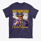 Make Mardi Gras Great Again Party Shirt featuring a smiling figure in a colorful costume with Mardi Gras beads.